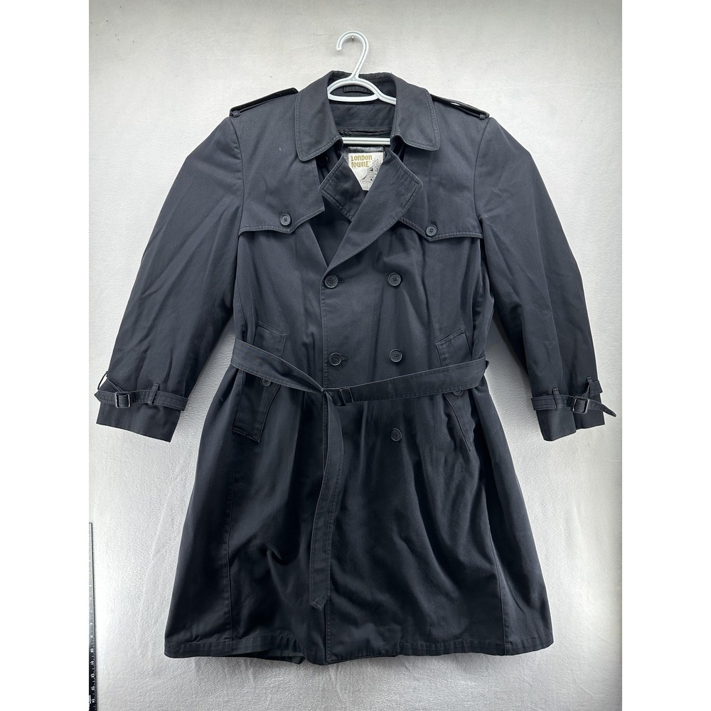 Vintage‎ London Towne Trench Coat Mens 40 Black Belted Insulated Oversized